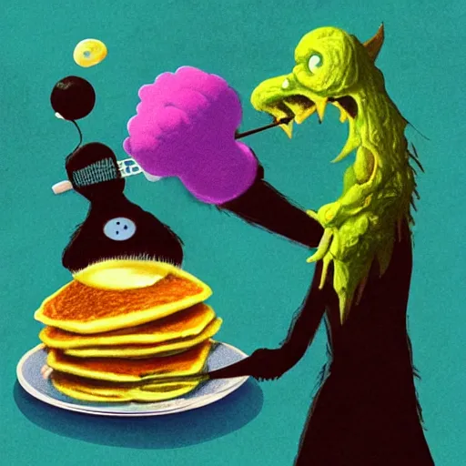 Prompt: a tennis ball monsters eating pancakes, breakfast, digital art, fantasy, magic, chalk, trending on artstation, ultra detailed, professional illustration by basil gogos