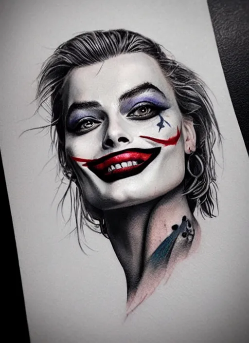 Image similar to tattoo design of beautiful margot robbie with slight joker makeup, holding an ace card, slight smile, in the style of den yakovlev, realistic face, black and white, realism tattoo, hyper realistic, highly detailed