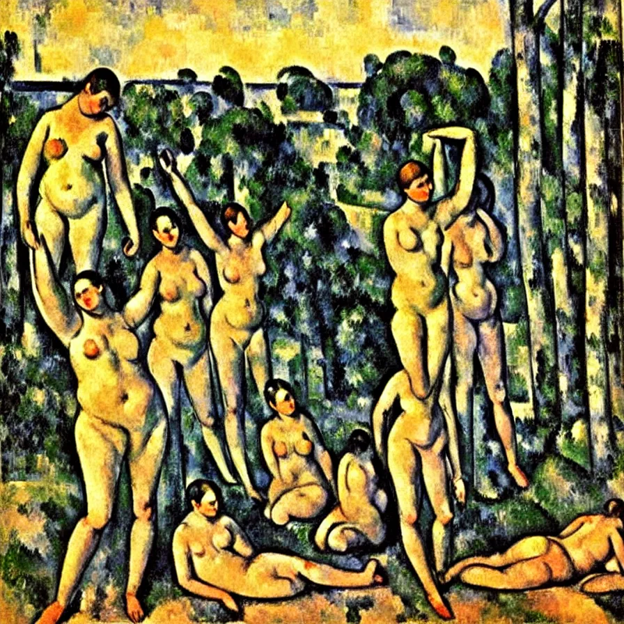 Prompt: the bathers with kangaroo. a oil painting by paul cezanne