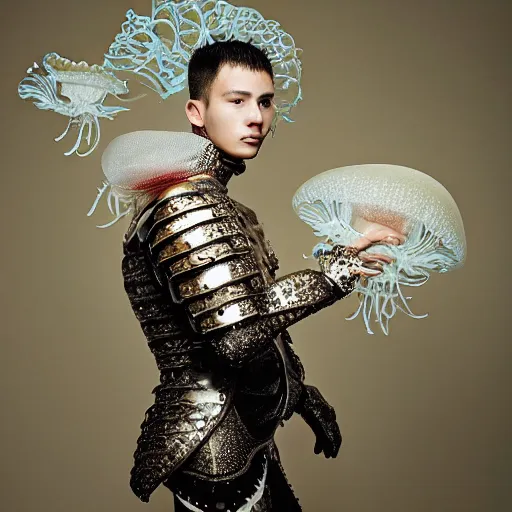 Prompt: a portrait of a beautiful young male wearing an alexander mcqueen armor made of jellyfish , photographed by andrew thomas huang, artistic