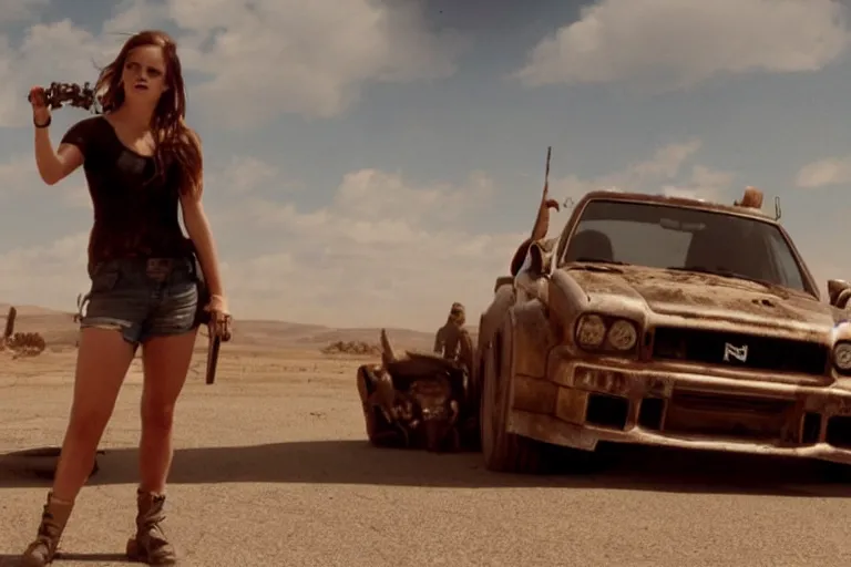 Image similar to Emma Watson driving in Mad Max Road Warrior, rusted, cobbled together Nissan R34 GTR, screenshot, cinematic Eastman 5384 film