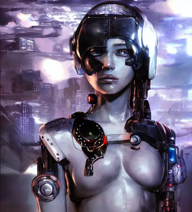 Image similar to hd 3 d rendered graphic novel video game portrait of a cute young cyborg soldier girl complicated synaptic particles angelic deity demon future downtown in ishikawa ken miura kentaro gantz frank miller jim lee alex ross vaporwave technoir style detailed trending award winning on flickr artstation