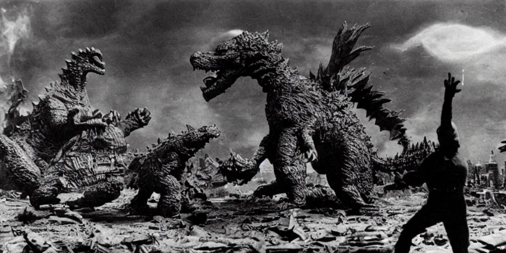 Prompt: a photo of godzilla tron fighting claymation rodan