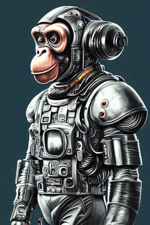 Image similar to a portrait of a muscular anthropomorphic cyberpunk chimp in spacesuit armor with ensignia on chest plate by sandra chevrier, by jon foster, detailed render, pistol in holster, extremely hyperdetailed, tape deck, epic composition, cybernetics, 4 k realistic, cryengine, realistic shaded lighting, sharp focus, masterpiece, by enki bilal