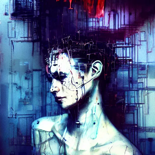 Prompt: a dark cyberpunk dream of wires broken skulls skin cybernetic machines and decay moody hyperrealism 8 k photo atmospheric by jeremy mann francis bacon and agnes cecile ink drips paint smears digita glitches glitchart