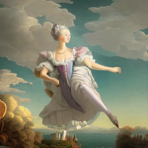 Image similar to Marie Antoinette levitating over the sea. high detail, great lighting, 8k resolution, masterpiece, concept art, illustration