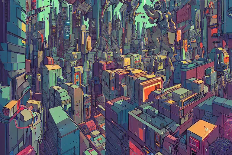 Prompt: a crowded cyberpunk intersection by Josan Gonzalez, golden ratio, heavy linework, clean strokes, sharp edges, flat colors, cell shaded