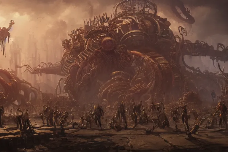 Image similar to steampunk family fighting a horde of crazy lovecraftian god, 3d scene, render, ultra realistic, zenith view, Greg Rutkowski, artstation, cgsociety, unreal engine, ray tracing, detailed illustration, hd, 4k, digital art, overdetailed art, concept art, complementing colors, Trending on artstation, deviantart