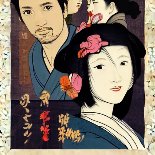 Image similar to cast of firefly, digital art, utamaro kitagawa mixed with banksy style