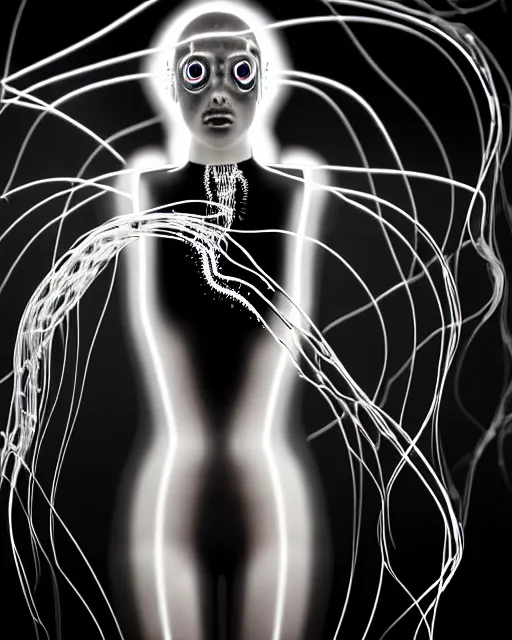 Image similar to black and white young female-cyborg-human-jellyfish-plant high quality photo, microchip, artificial intelligence, bio-mechanical bio-luminescence, black wired cables, neurons, nerve cells, octane render, cinematic, rim light, hyper realism, photo-realistic, high detail, 8k, masterpiece, high fashion, in the style of Dora Maar