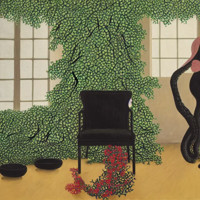 Image similar to a pathology student in her apartment, wrapped in vines, stepping stones, octopus, berries, black walls, ikebana, black armchair, sculpture, moss, acrylic on canvas, surrealist, by magritte and monet