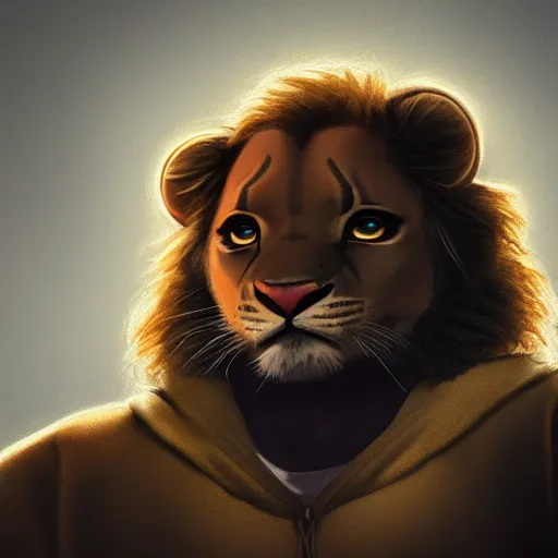 Image similar to young simba like a human, dressed a black hoodie, portrait, digital art, ultrarealistic, artstation, 8k, hyperdetalied, high quality, high render