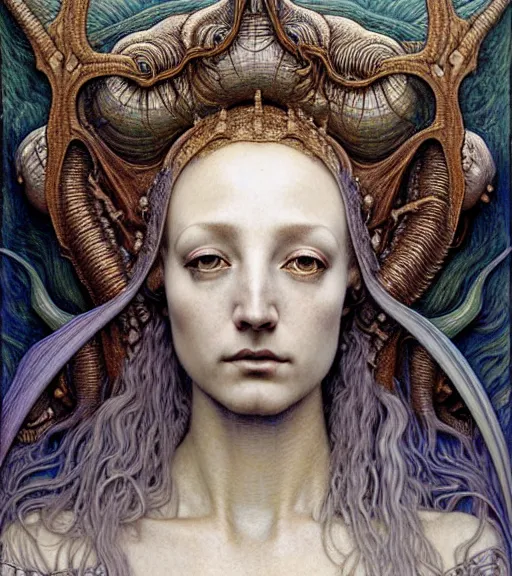 Image similar to detailed realistic beautiful young medieval alien queen face portrait by jean delville, gustave dore and marco mazzoni, art nouveau, symbolist, visionary, gothic, pre - raphaelite, iridescent fractal details. horizontal symmetry by zdzisław beksinski, iris van herpen, raymond swanland and alphonse mucha. highly detailed, hyper - real, beautiful