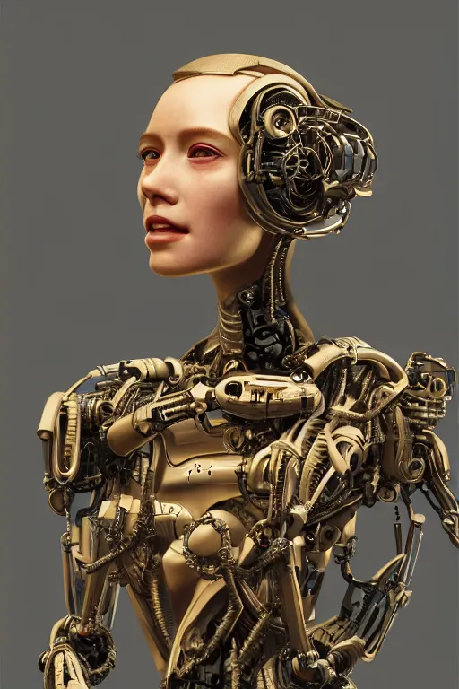 Prompt: portrait of a young female robot, intricate, dystopian toy, sci - fi, extremely detailed, biopunk suit, digital painting, sculpted in zbrush, artstation, concept art, smooth, sharp focus, illustration, chiaroscuro lighting, golden ratio, incredible art by stanley artgerm lau and greg rutkowski and alphonse mucha and simon stalenhag