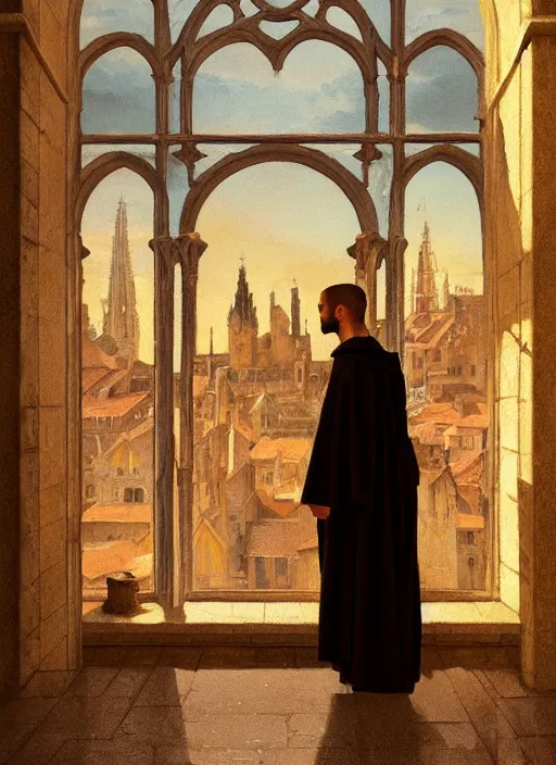 Image similar to oil painting of a medieval dominican monk in robes, looking out of a monastery window contemplatively, a majestic cathedral in the background, digital art, artstation, cinematic, golden hour, digital art painting by greg rutkowski