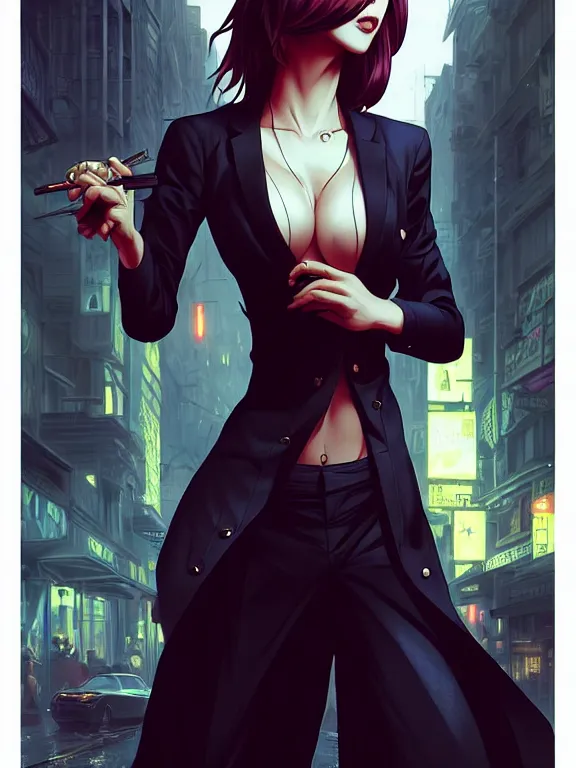 Prompt: full body picture of a mafia madam in the night city, bored, beautiful and aesthetic, intricate, unreal engine, messy hair, highly detailed, detailed face, smooth, sharp focus, chiaroscuro, manga illustration, artgerm, greg rutkowski, ilya kuvshinov, rossdraws, alphonse mucha, young adult light novel cover art