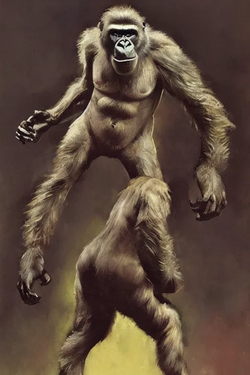 Image similar to full body portrait of huge slimy hairless bipedal gorilla, by norman rockwell, jack kirby, jon berkey, earle bergey, craig mullins, ruan jia, jeremy mann, tom lovell, marvel, astounding stories, 5 0 s pulp illustration, scifi, fantasy, artstation creature concept