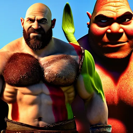 Image similar to kratos standing next to shrek, highly detailed, high quality, hd, 4 k, 8 k, canon 3 0 0 mm, professional photographer, 4 0 mp, lifelike, top - rated, award winning, realistic, sharp, no blur, edited, corrected, trending