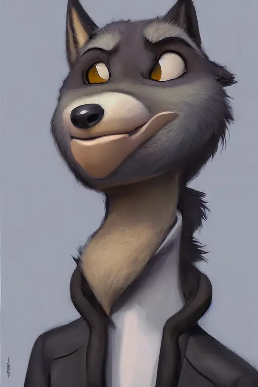 Image similar to oil painting of anthromorphic female wolf, in style of cory loftis, female fursona, furry, furaffinity, 4 k, deviantart, furry art, fursona art, wearing black business suit, business suit, in style of zootopia, wolf fursona, cyberpunk, female, female wolf face, very expressive detailed feminine face,