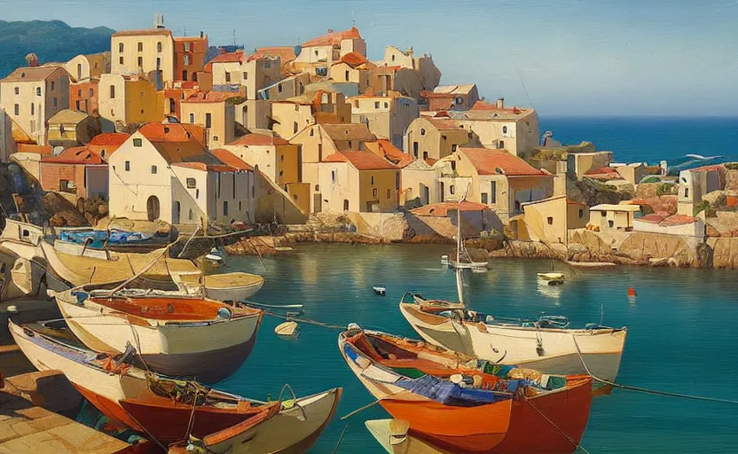 Image similar to An oil painting of a beautiful Mediterranean fishing village, boats, calm, aerial view, by Michiel Schrijver