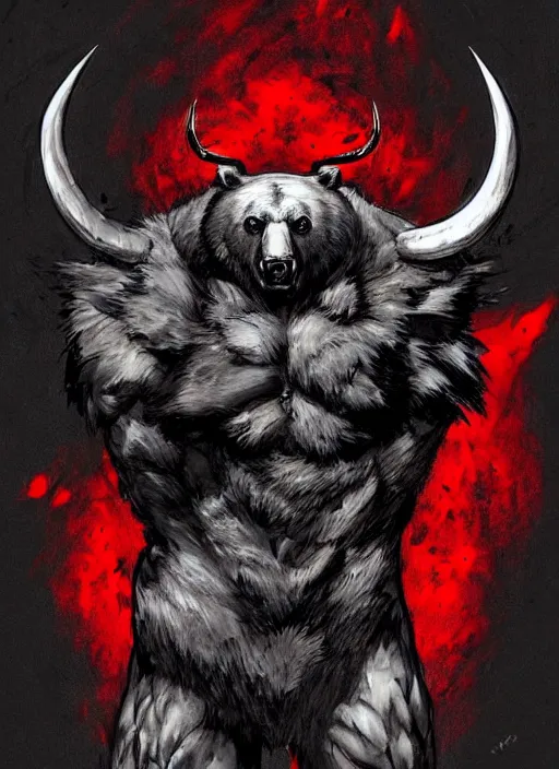 Image similar to Full body portrait of horned black bear with sharp claws and red eyes. In style of Yoji Shinkawa and Hyung-tae Kim, trending on ArtStation, dark fantasy, great composition, concept art, highly detailed.