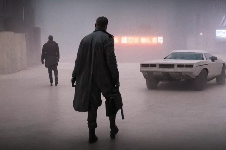 Prompt: blade runner 2049 movie still elegant bank fancy white marble flooring. robbery in progress. cyberpunk man carrying duffle bag holding shotgun. 2017 movie still 35mm wide angle lens