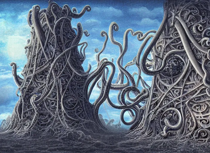 Image similar to lovecraftian structures in the sky by bosch, highly detailed digital painting