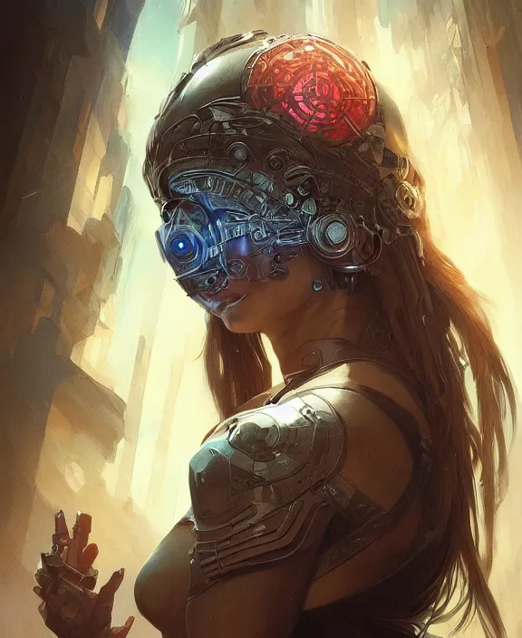 Image similar to portrait of a cyberpunk masked goddess, half body, d & d, fantasy, intricate, elegant, highly detailed, digital painting, artstation, concept art, art by artgerm and greg rutkowski and alphonse mucha