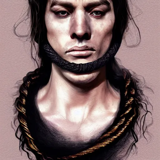 Image similar to portrait of a Shibari rope wrapped face and neck, headshot, insanely nice professional hair style, dramatic hair color, digital painting, of a old 15th century, roman gladiator, amber jewels, baroque, ornate clothing, scifi, realistic, realistic realistic realistic eyes, hyperdetailed, chiaroscuro, concept art, art by Franz Hals and Jon Foster and Ayami Kojima and Amano and Karol Bak,