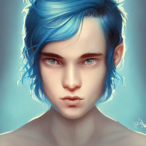 Prompt: young boy, blue hair, gorgeous, amazing, feminine, elegant, intricate, highly detailed, digital painting, artstation, concept art, sharp focus, portrait, illustration, art charlie bowater and Ross tran