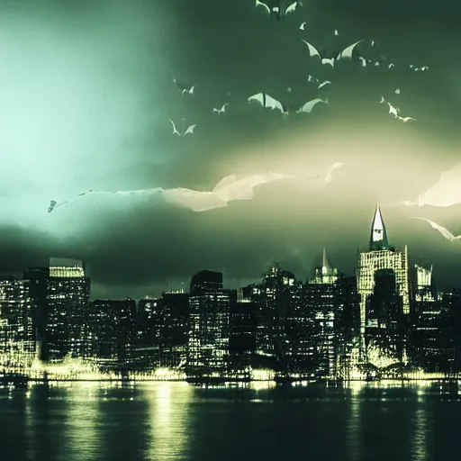 Prompt: a premonition of a bat, lit up the sky of the gloomy, darkened city