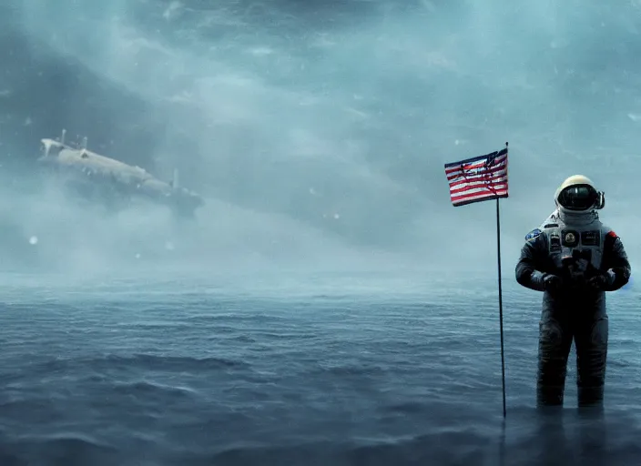 Prompt: astronaut holding a flag in an underwater desert. a submarine is visible in the distance. dark, concept art, cinematic, dramatic, atmospheric, 8 k, trending on artstation, blue, low visibility, fog, ocean floor, christopher nolan, interstellar