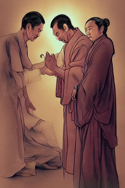 Prompt: saint joko widodo blessing people, sketch and art by jacqueline e, color by bo feng lin