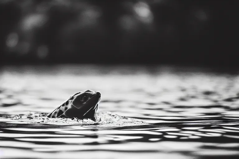 Image similar to a real life water pokemon swimming in a lake, sight proof, black and white, blurry, old camera, grainy, motion blur, unfocused, full body shot, wide angle