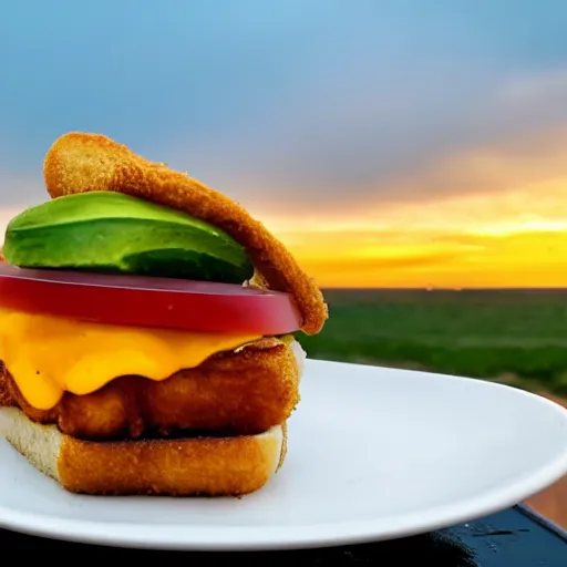 Prompt: sandwich with fried tofu, one tomato slice, one onion ring, avocado, melted cheddar, over a dish that is over a table, with a sunset and rainbow in the background with saturn and stars in the sky