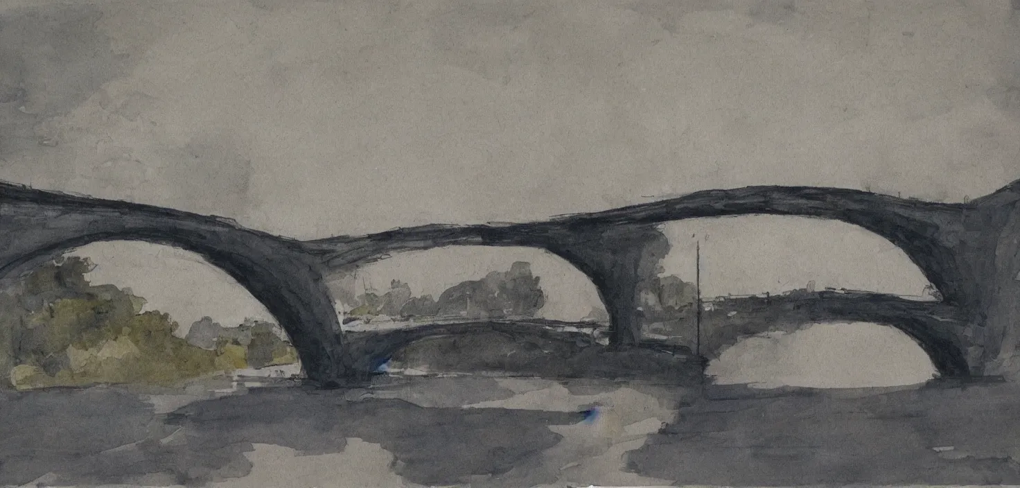 Image similar to bridge over a river , angular, splotches, soft outlines, high contrast, muted colours