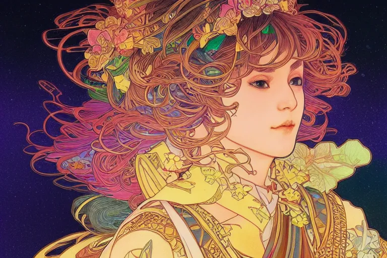 Prompt: colorful prince, night, japan, 4 k, ultra realistic, beautiful colors, epic lighting, machines, high detail, masterpiece, trending on artstation by artgerm and akihito tsukushi and alphonse mucha, crayons