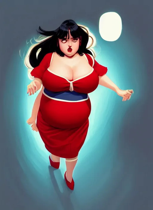 Image similar to full body portrait of teenage veronica lodge, obese, bangs, sultry, realistic, sultry smirk, wavy hair, red skirt, fat, belly, intricate, elegant, glowing lights, highly detailed, digital painting, artstation, concept art, smooth, sharp focus, illustration, art by wlop, mars ravelo and greg rutkowski