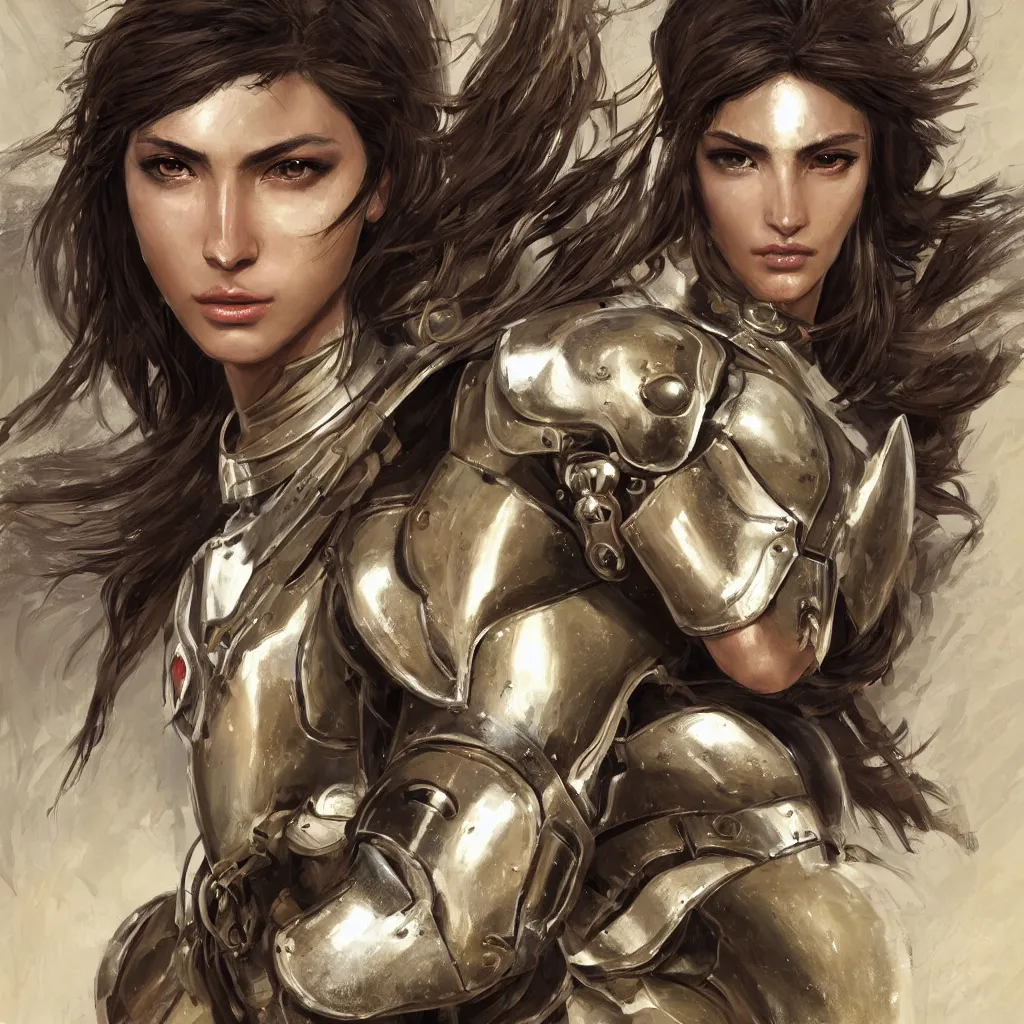 Image similar to a professionally painting of an attractive young goddess, partially wrapped in battle armor, olive skin, long dark hair, beautiful bone structure, perfectly proportioned, symmetrical facial features, intricate, elegant, heroic pose, digital painting, concept art, smooth, sharp focus, finely detailed, abstractly framed, from Metal Gear, in the mixed styles of Ruan Jia and Mandy Jurgens and Artgerm and William-Adolphe Bouguerea