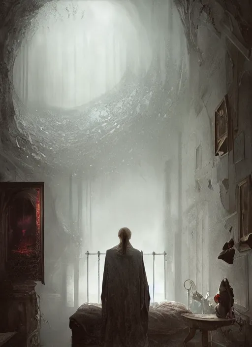 Image similar to a dreary bedroom that blends with fantastical scenes of dreams, dreams invading mundane spaces, fantasy infiltrating reality, bubbles of the impossible, swirls of magic, 8k, ultradetailed, illustrated by Greg Rutkowski and Caspar David Friedrich.