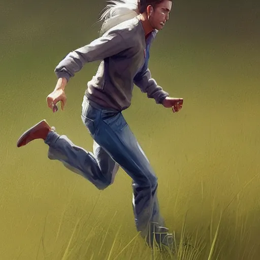 Prompt: a woman chasing a man in street clothes running across the grass field, detailed realistic painting by artgerm and greg rutkowski artstation