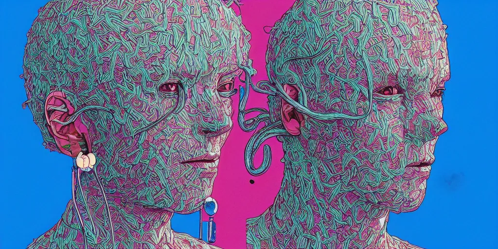 Prompt: risograph grainy drawing futuristic sci - fi antagonist face wearing earrings, photorealistic colors, face covered with plants and flowers, by moebius and satoshi kon and dirk dzimirsky close - up portrait, hyperrealistic