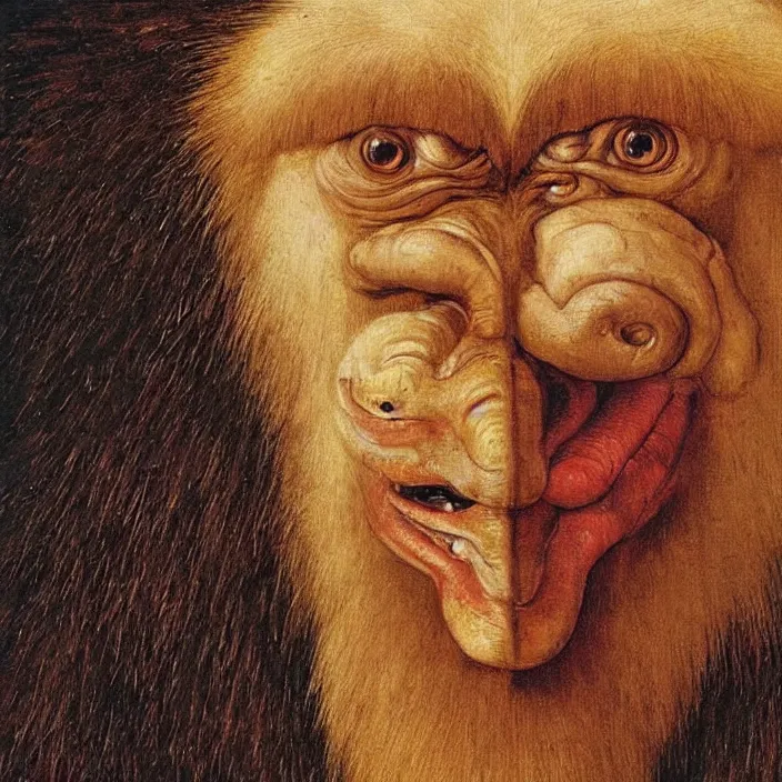 Image similar to close up portrait of a mutant monster creature with colourful mandrill - like nose, baldness, needles portruding through the cheeks, painted forehead, medusae beard. jan van eyck