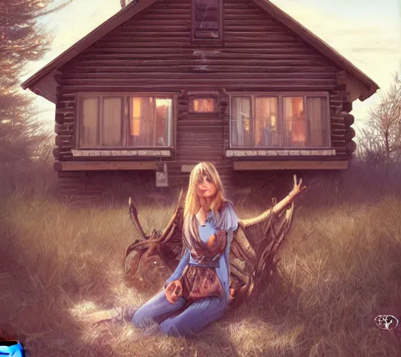 Image similar to a beautiful girl In front of the cabin, the country, by Artgerm Lau，hyperdetailed, trending on artstation, trending on deviantart