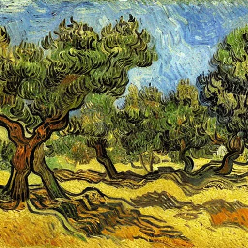 Image similar to olive trees in an ancient greek temple landscape, trending on art station, painting by vincent van gogh