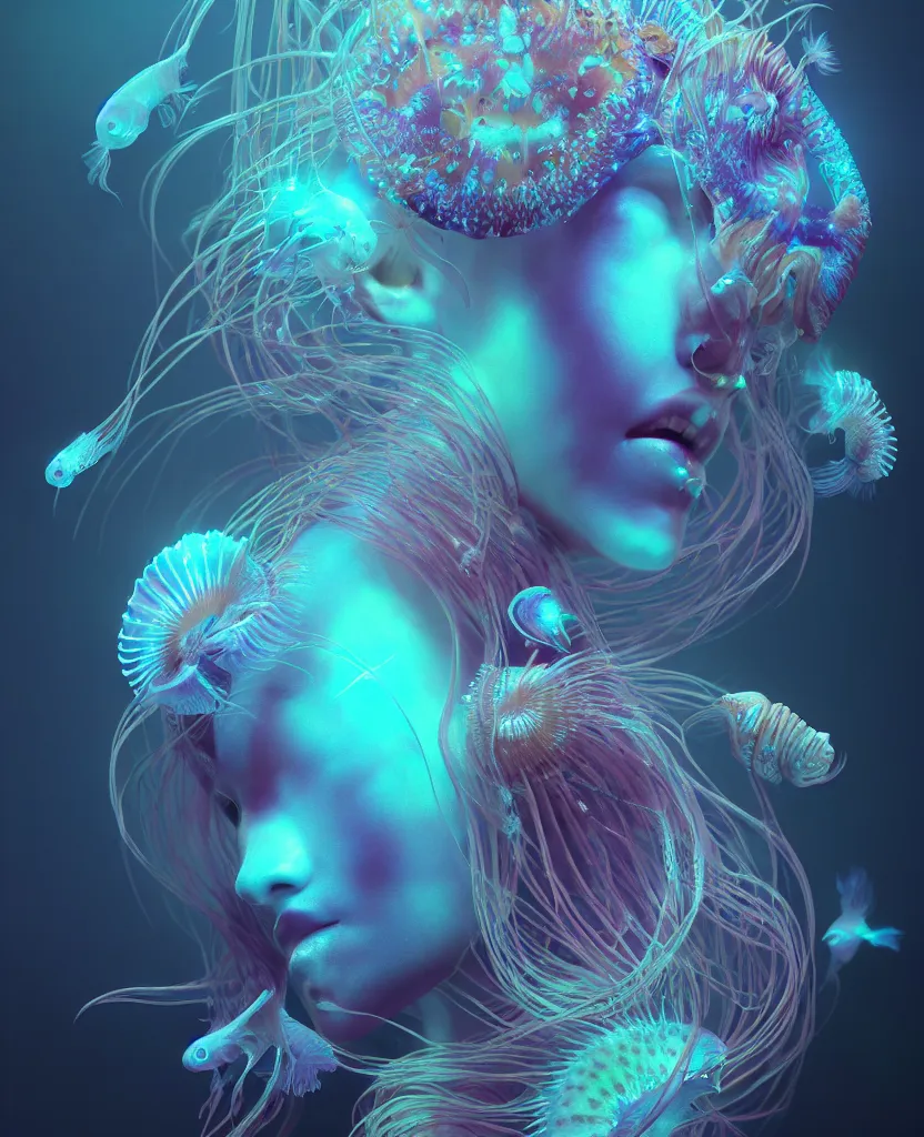 Image similar to goddess close-up portrait. orchid jellyfish phoenix head, nautilus, skull, betta fish, bioluminiscent creatures, intricate artwork by Tooth Wu and wlop and beeple. octane render, trending on artstation, greg rutkowski very coherent symmetrical artwork. cinematic, hyper realism, high detail, octane render, 8k