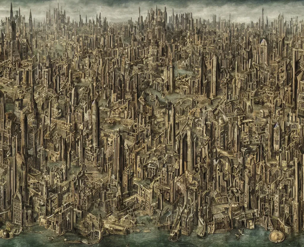 Image similar to a city of archologies in the style of Dystopian gothic surrealism painting