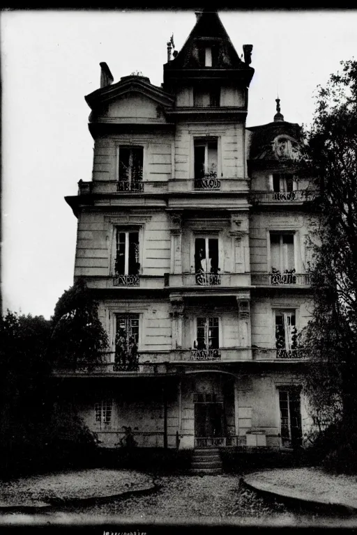 Image similar to Black and white camera obscura image of creepy mansion, 1910s paris, scary, horror, dark mood