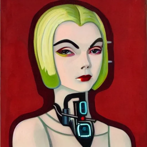 Prompt: Art Deco painting of a cybernetic Elle Fanning