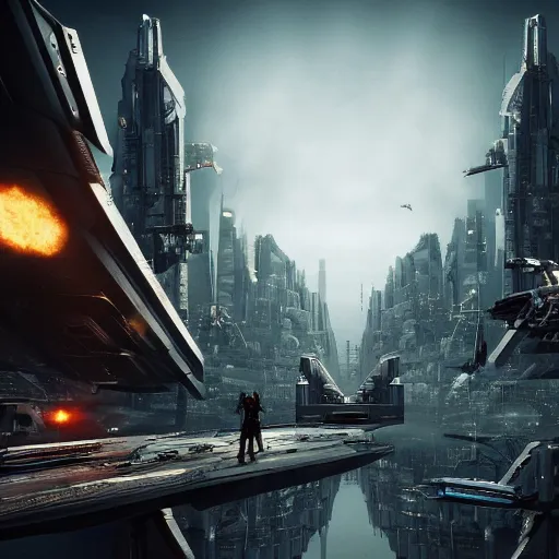 Image similar to an epic conflict between two sides above an imperialistic futuristic city, utopia, gloomy, symmetrical, firm, blank, lifeless, detailed, realistic, 8 k, cyberpunk